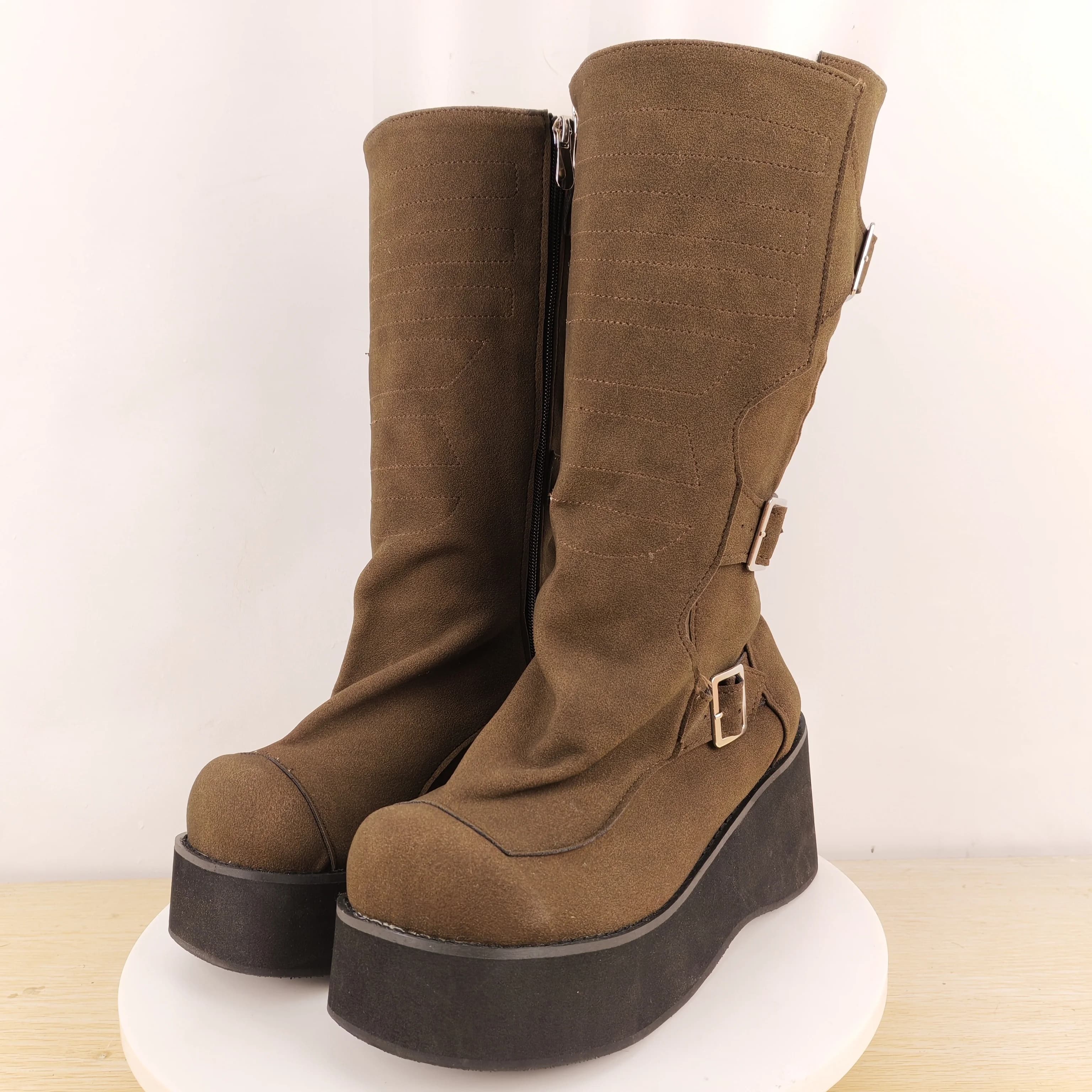 Punk Chunky Bottom Wedges High Heel Mid-Calf Boots Women Belt Buckle Decor Motorcycle Boots Large Size Lady Street Dress Shoes