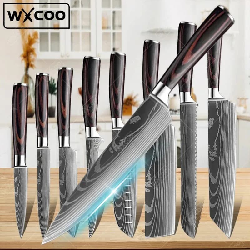 WXCOO Professional Japanese Chef's Knife Stainless Steel Kitchen Knife Set Meat Cleaver Cuting Slicing Knife Fruit Paring Knives