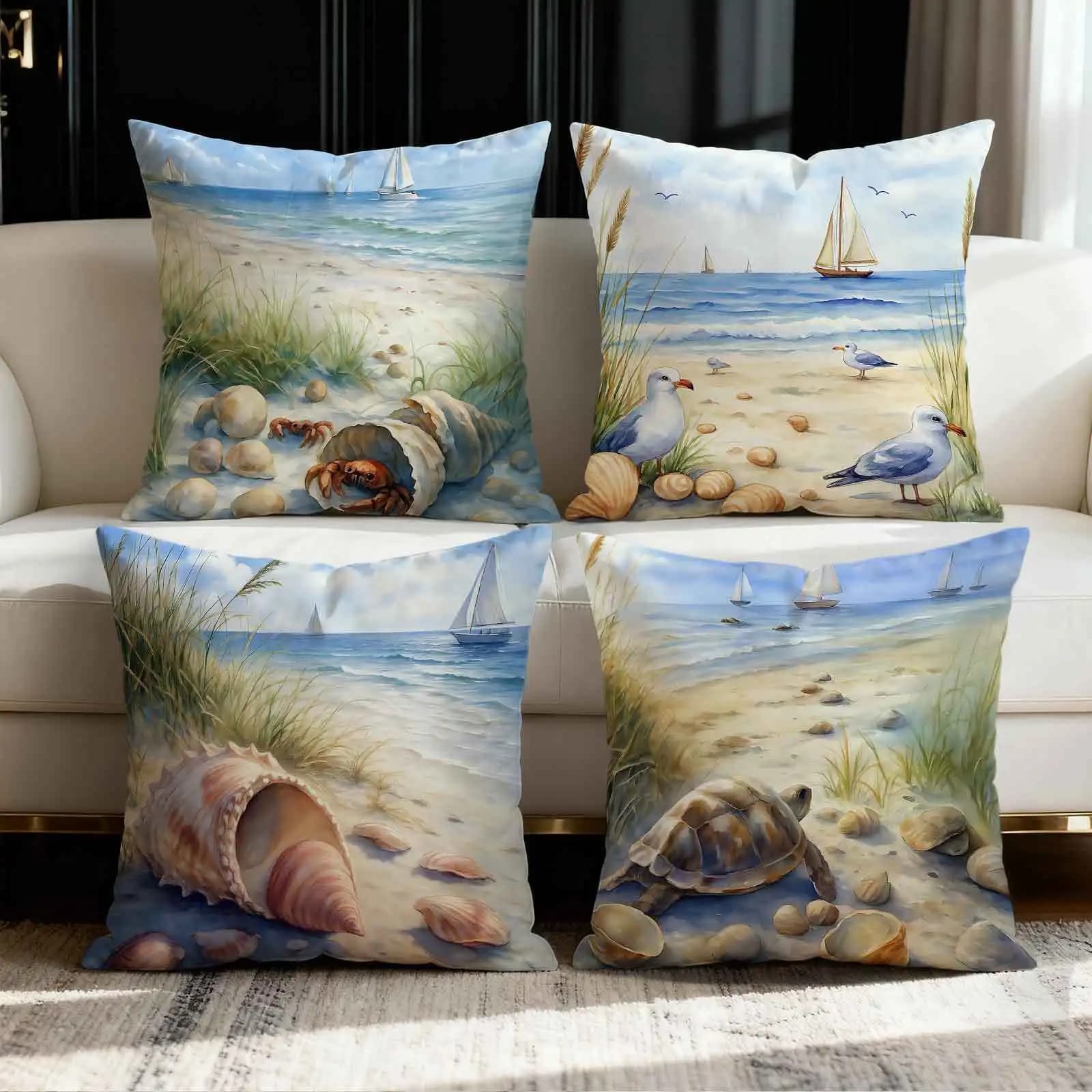 Pillowcase with digital print of the beach landscape, in short plush, suitable for living rooms, bedrooms, sofas, as decorative pillowcase.