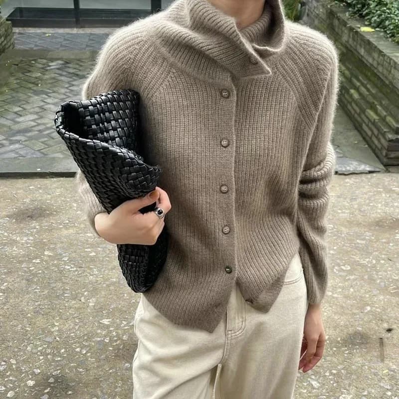 Women'S Stand Collar Cardigan Sweater Elegant Vintage Ribbed Long Sleeves Knitted Jumper Single Breasted Clothes Autumn Winter