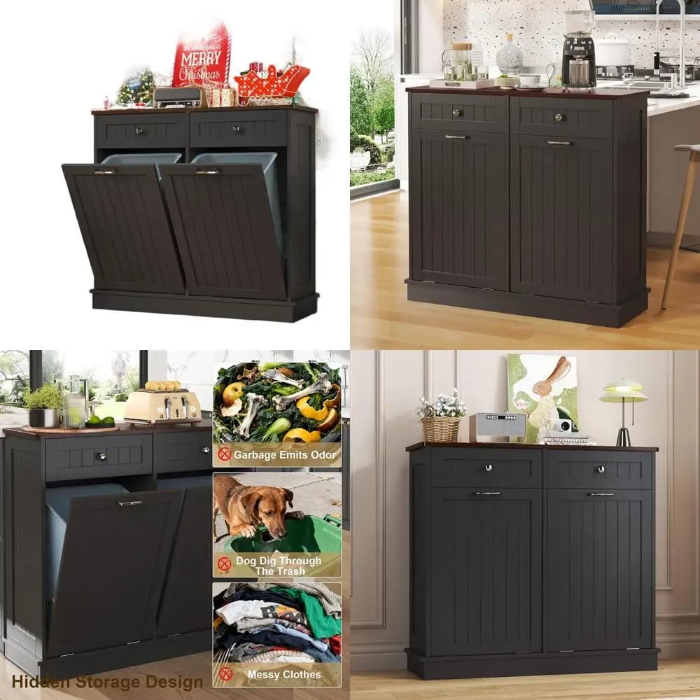 Mobiletto da cucina in legno a doppio scomparto per rifiuti e riciclo con porta bidoni nascosto - Nero