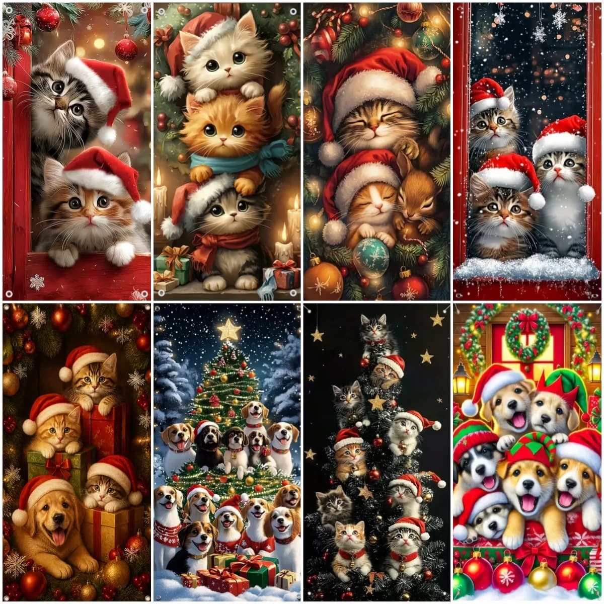 Cute Animals New Year Decor Door Cover Pet Cat Dog Christmas Party Decor Background Shining Xmas Tree Photography Backdrop Gifts