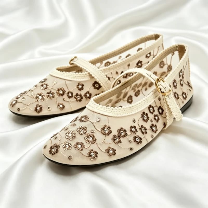 Designer Embroidered Mesh Ballet Flats Women Luxury Rhinestone Breathable Mary Jane Shoes Comfortable Soft Dress Shoes for Girls