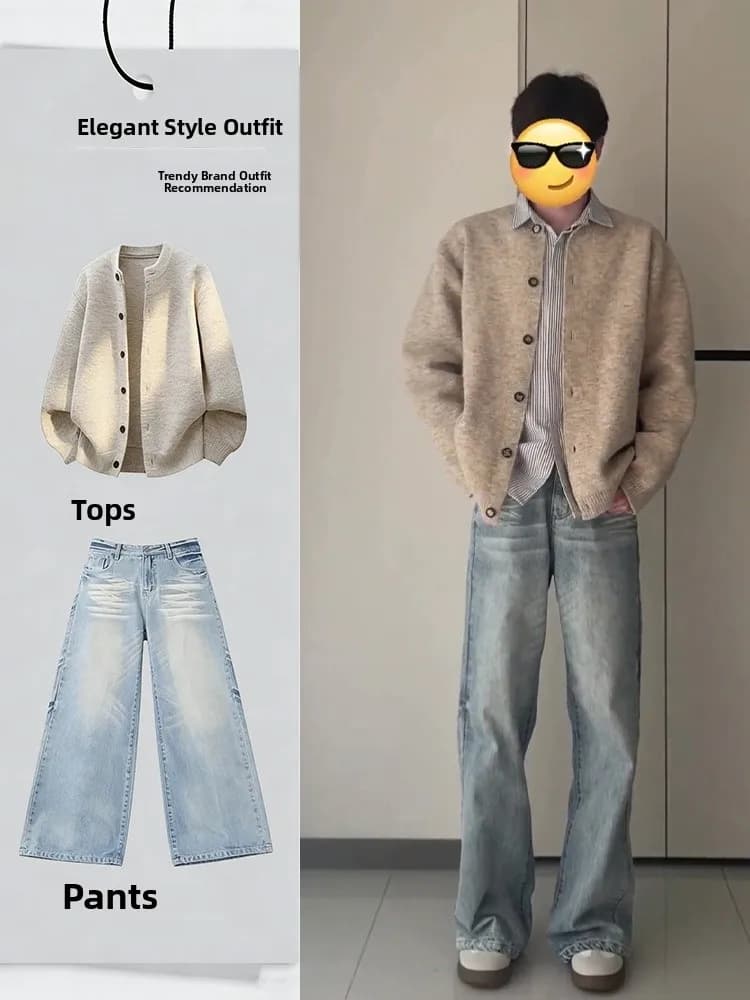 Cardigan in maglia da uomo Zhang Linghe, collezione primavera, set completo coordinato con jeans, per adolescenti alla moda.