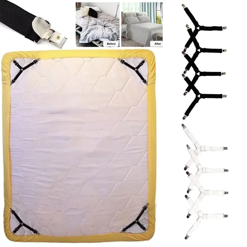 Adjustable elastic straps for sheet with fasteners Set of 4 pieces - Knitting brackets for bed linen - Hand wash only Non-slip clamps