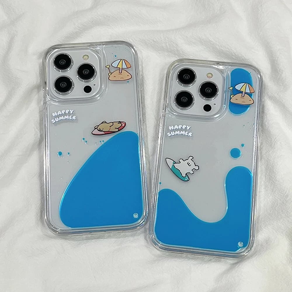 Custodia liquida galleggiante per cuccioli da surf estivi per IPhone 15 Pro Max 14 16 Cover dinamica di lusso in movimento attorno all'acqua Fundas rigide trasparenti