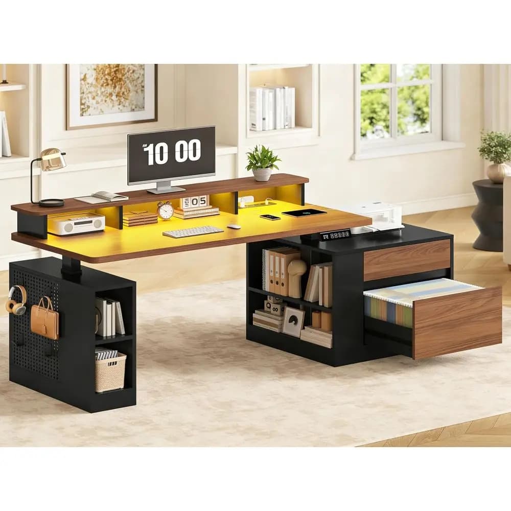 Elegant 70 Electric Standing Desk with Storage, Outlets, LED Lights, Monitor Stand, and Printer Shelf in Black & Walnut