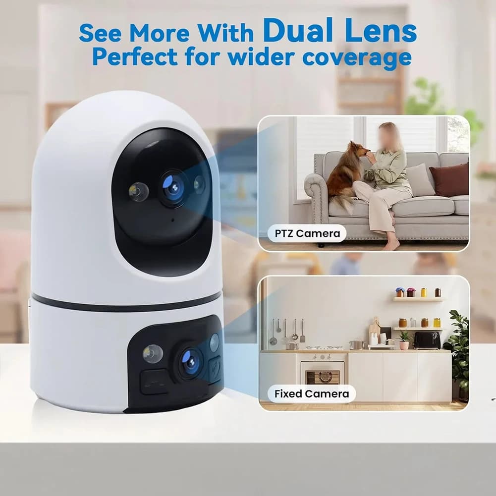 Telecamera di Sorveglianza WiFi a Doppia Lente 4K HD, Telecamera IP con Tracciamento AI, Protezione di Sicurezza Wireless, Monitor Intelligente per Bambini