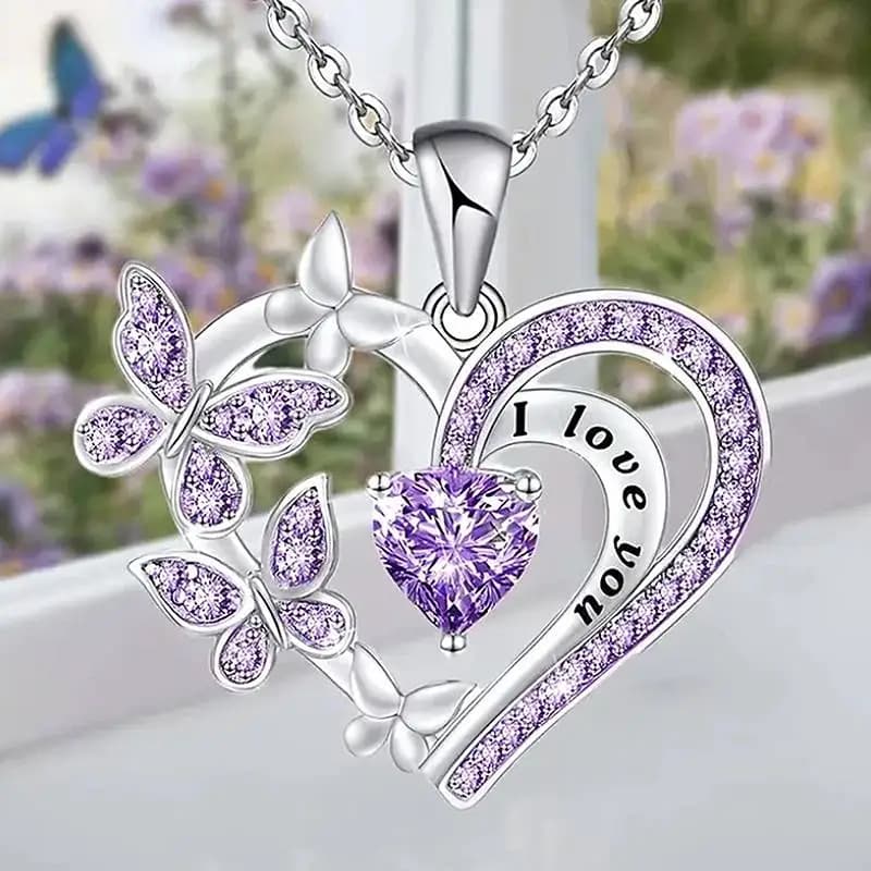Huitan Aesthetic Heart Butterfly Women Pendant Necklace with Purple/White CZ Wedding Elegant Trendy Accessories Party Jewelry
