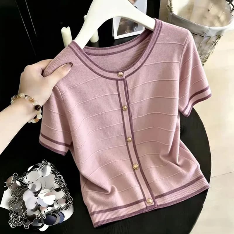 Fashion O-Neck Spliced Knitted Sweater Women Pullovers Summer Short Sleeve Knit Sweater Pullover Women Tops Women Clothing Q4590