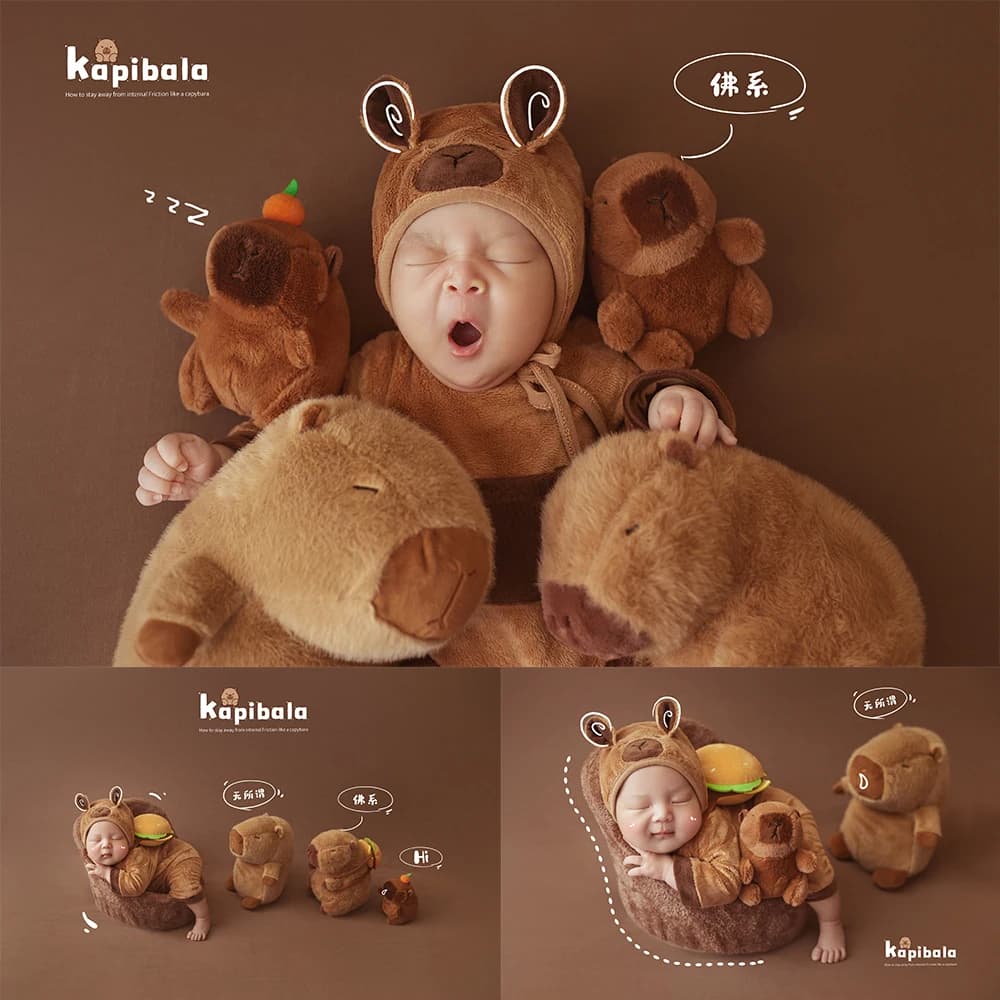 Adorabile tema animale Puntelli per fotografia neonato Tuta per neonato + cappello Capibara Peluche Doll Studio Accessori per decorazioni a tema animali per bambini