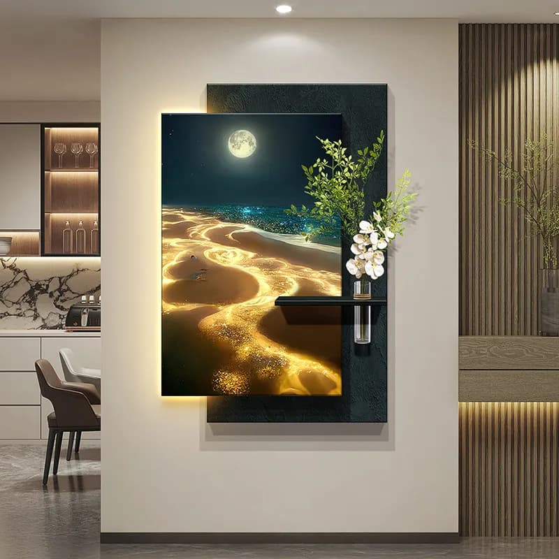 Ocean Beach Foyer Decoration Painting Led Light Strip Mural Corridor Hanging Mural Lamp Sandstone Decorative Lamp Painting