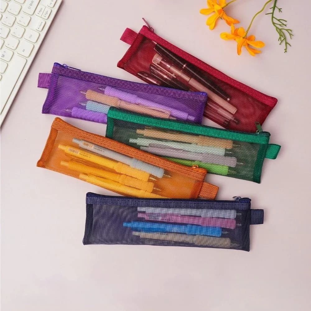 Portable Transparent Pen Bag Square Shape Large Capacity Stationery Pouch Nylon Mesh Pen Box Gift