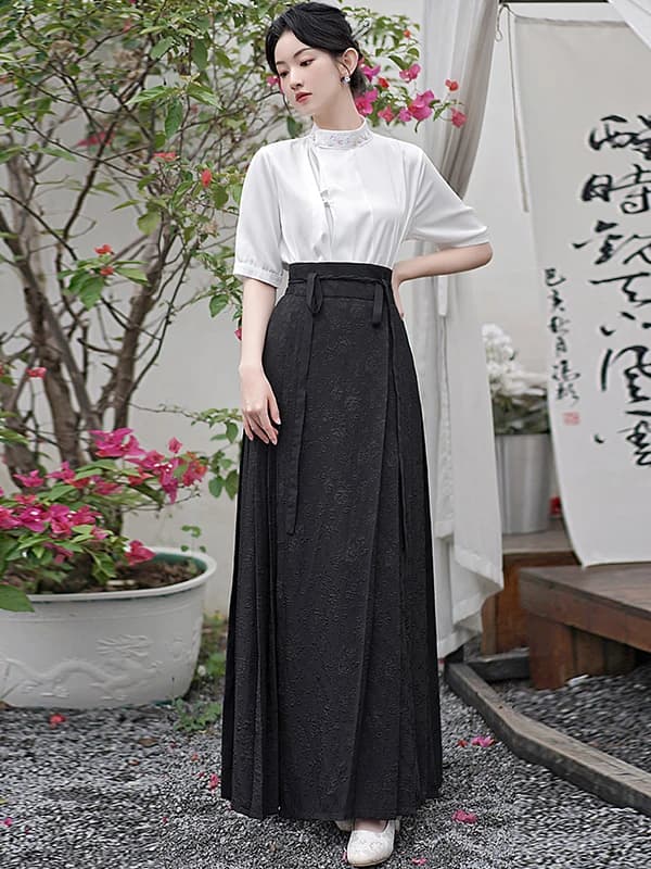 New Chinese Style Shirt Hanfu Set with Tailed Skirt Traditional National Fashion Two Piece Women's Clothing Commute Art