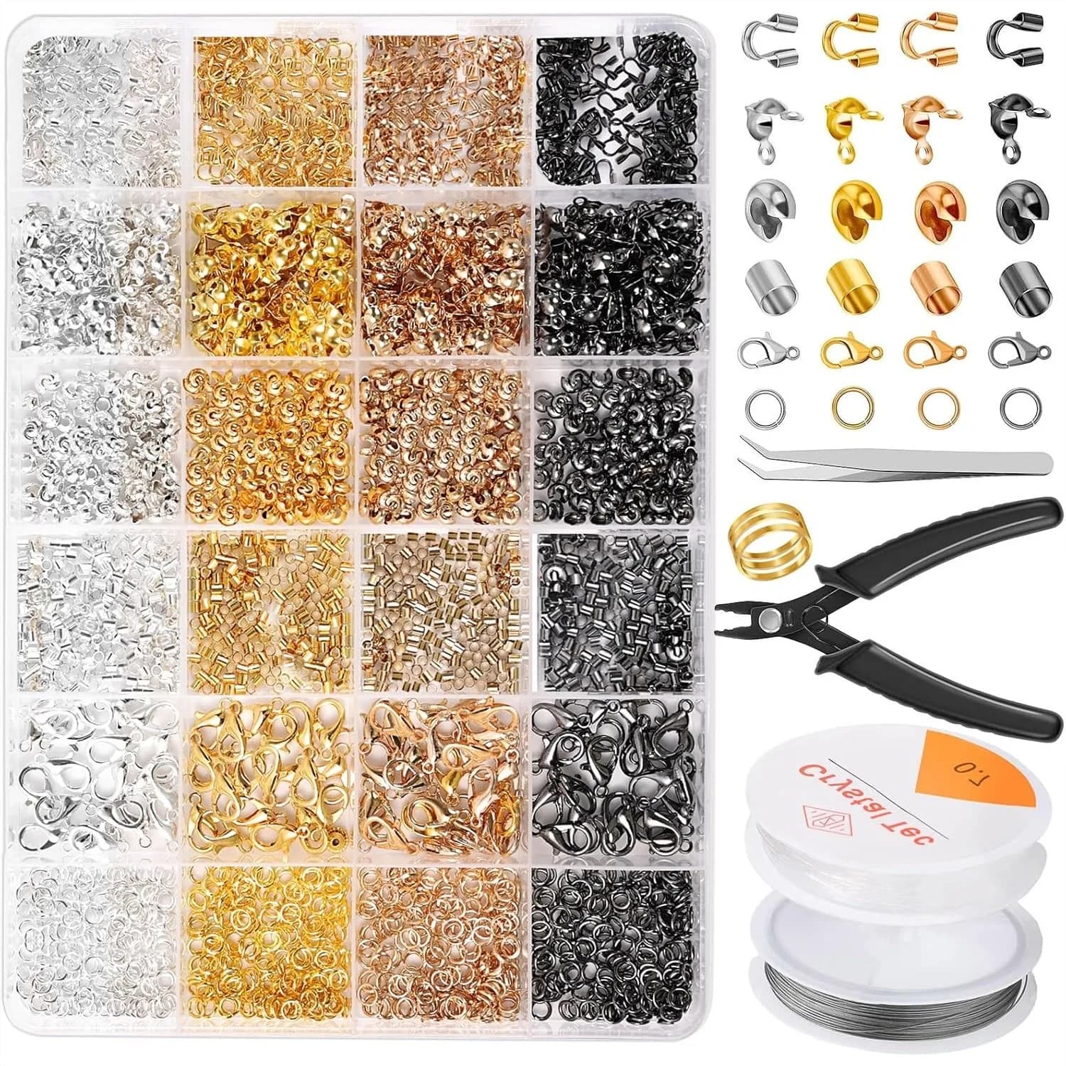 2165 Pezzi di Perline a Crimpare per Creazione Gioielli, Inclusi Coperture per Perline a Crimpare, Tubi, Anelli di Giunzione, Protezioni per Fili, Pinze e Filo