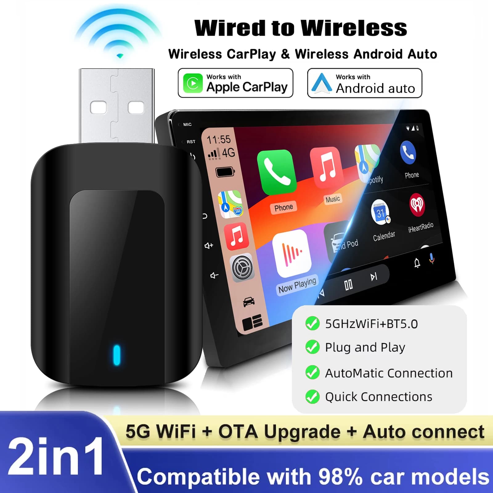 2025 Dongle smart mini wireless adapter CarPlay Android Auto 2 in 1 with WiFi 5.8G BT5.0 Plug and Play for factory wired car