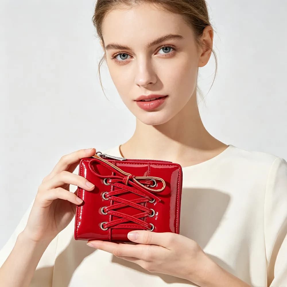 1Pc-Baellerry Women's Short Wallet with Waist Tie and Bow Decoration, Glossy Pu Zipper Coin Pocket, 5 Card Slots, Transparent Id Window, Girlfriend's Birthday Gift