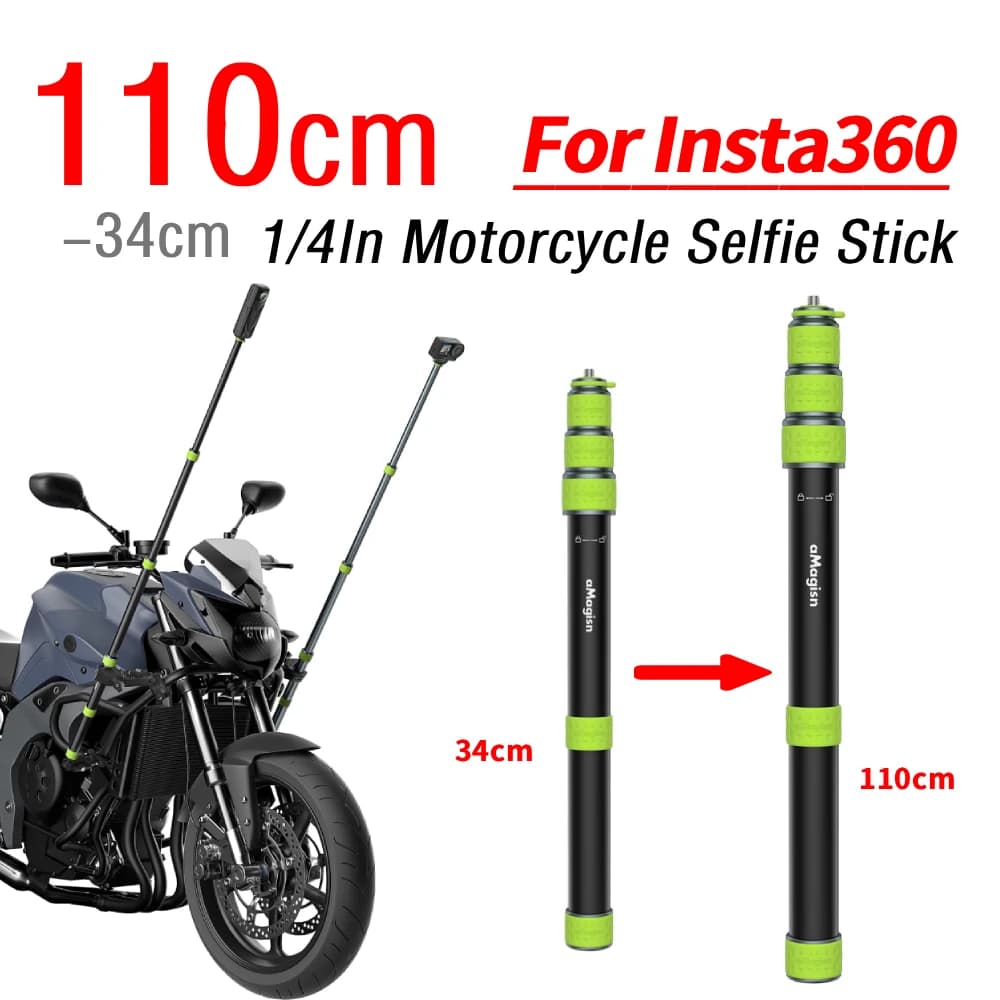 Asta Selfie Universale per Moto 1/4 Pollici, 34cm-110cm Telescopica, Kit di Montaggio per Moto con Doppia Morsetto per Manubrio