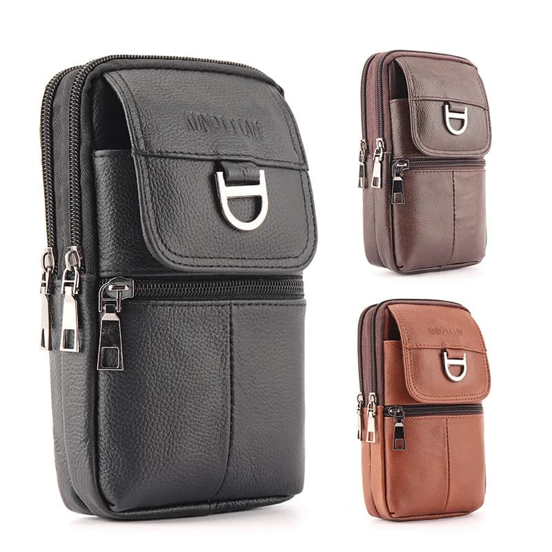 Men's Leather Belt Bag - Large Capacity Cell Phone Bag - Outdoor Work Backpack, Hiking Sports Bag, Portable Shoulder Bag