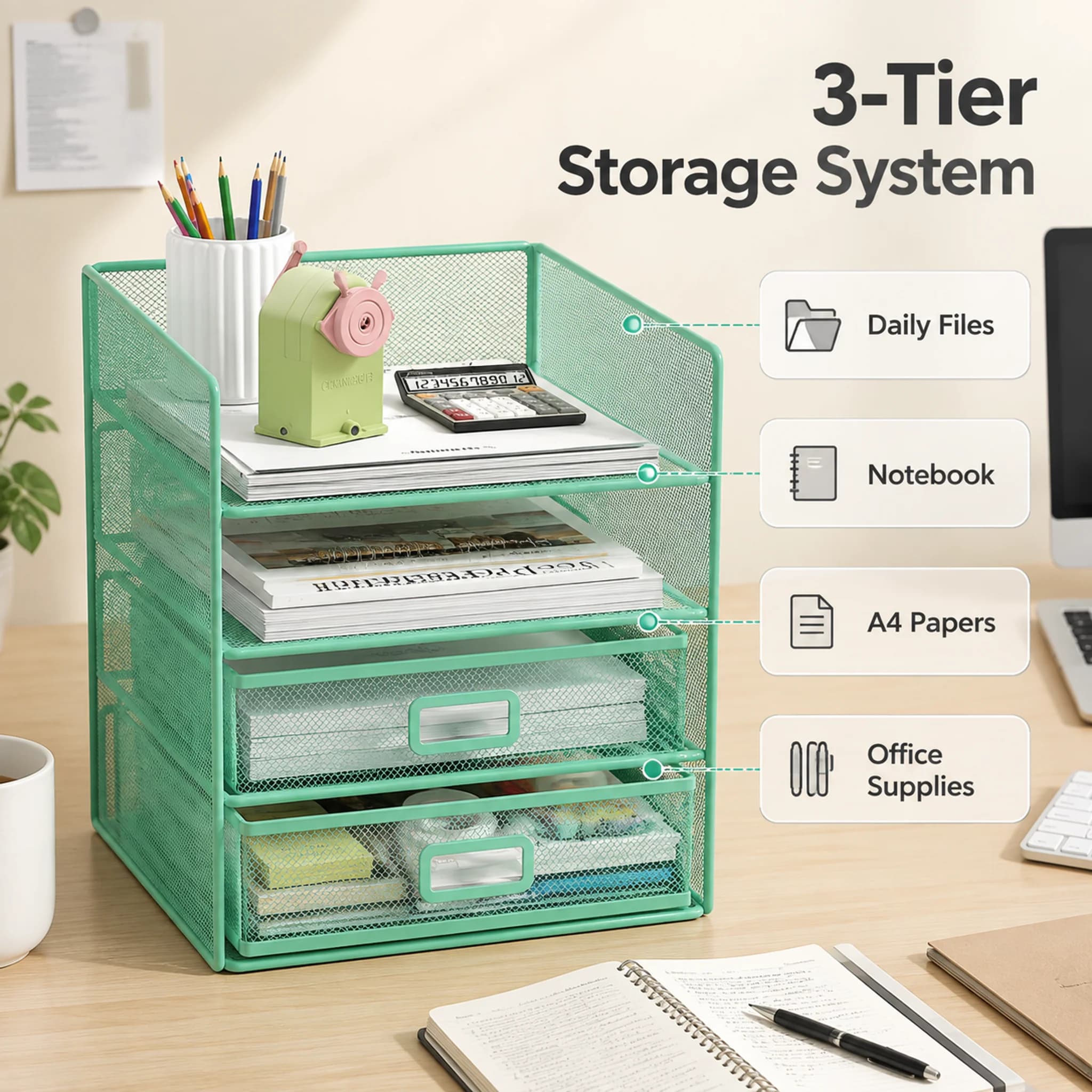 Desktop file organizer, office, household and school supplies storage rack for saving space, A4 paper folder, magazine and book