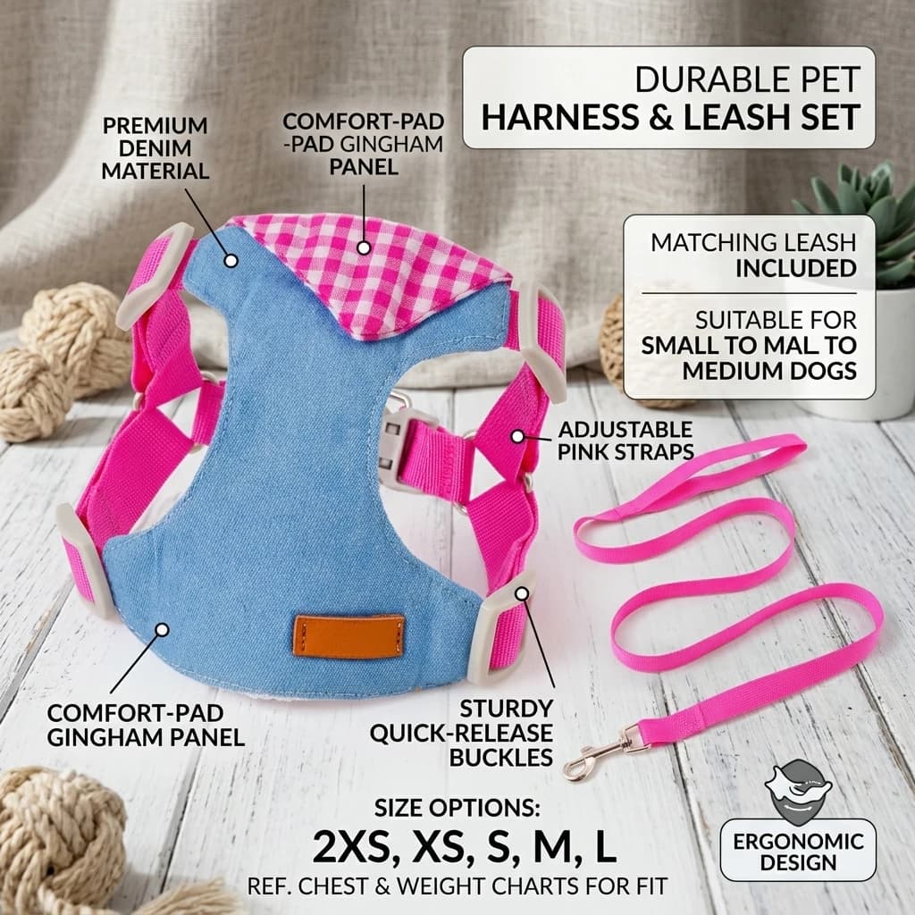Dog Harness With Leash Complete Dog Walking Set Soft, Breathable & Comfortable Adjustable Vest-Style Harness For Outdoor Walking