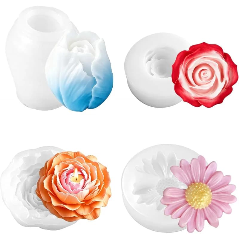 Floral silicone candle mold4Set，Rose, Tulip, Peony, Daisy Candle Making Mold， Floral soap mold，Suitable for epoxy resin，Gift DI
