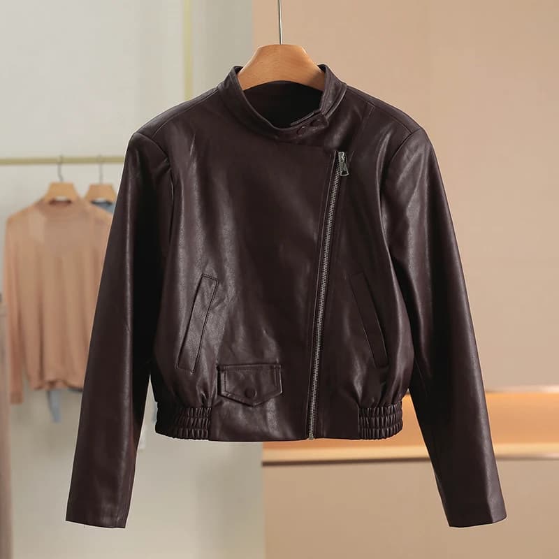 Hange PU Jacket Cool Style Spring 2026 Women's Short Coat Elastic Hem Side Button Stand Collar Zipper Closure Color