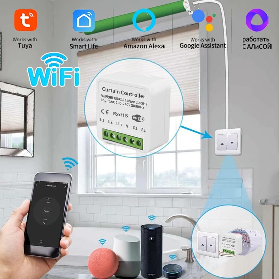 Modulo interruttore tenda intelligente Wifi Tuya Smart Life Alexa Google Tende avvolgenti Proiettore porta garage avvolgibile AC 100-240V