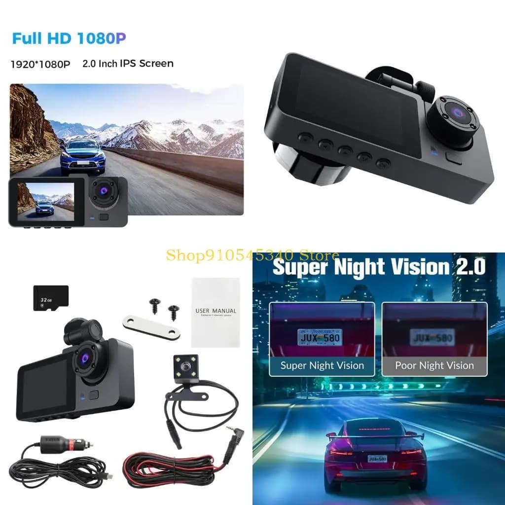 U2JA DashCam to 3 objectives for car 1080P Car recorder with DVR camera with loop recording for