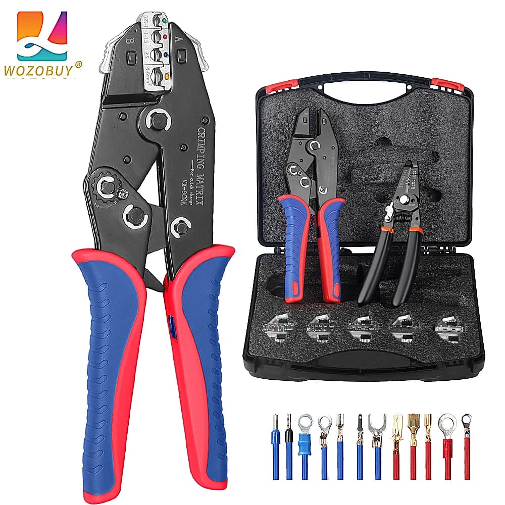 WOZOBUY Set di strumenti per crimpare - Piegatrice per cavi a cricchetto - per connettori termorestringenti, non isolati, a canna aperta, a bandiera, con ghiera