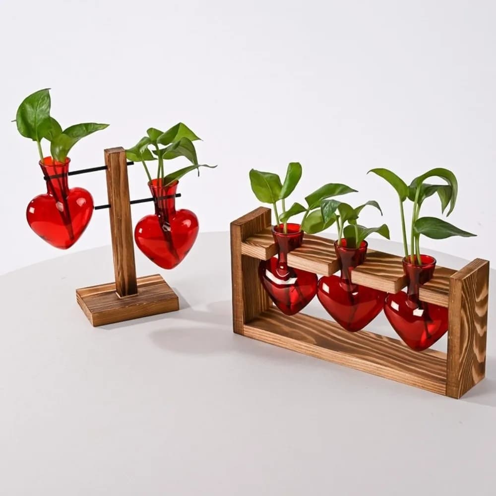 Vaso Idroponico Trasparente a Forma di Cuore con Supporto in Legno, Contenitore per Fiori in Vetro