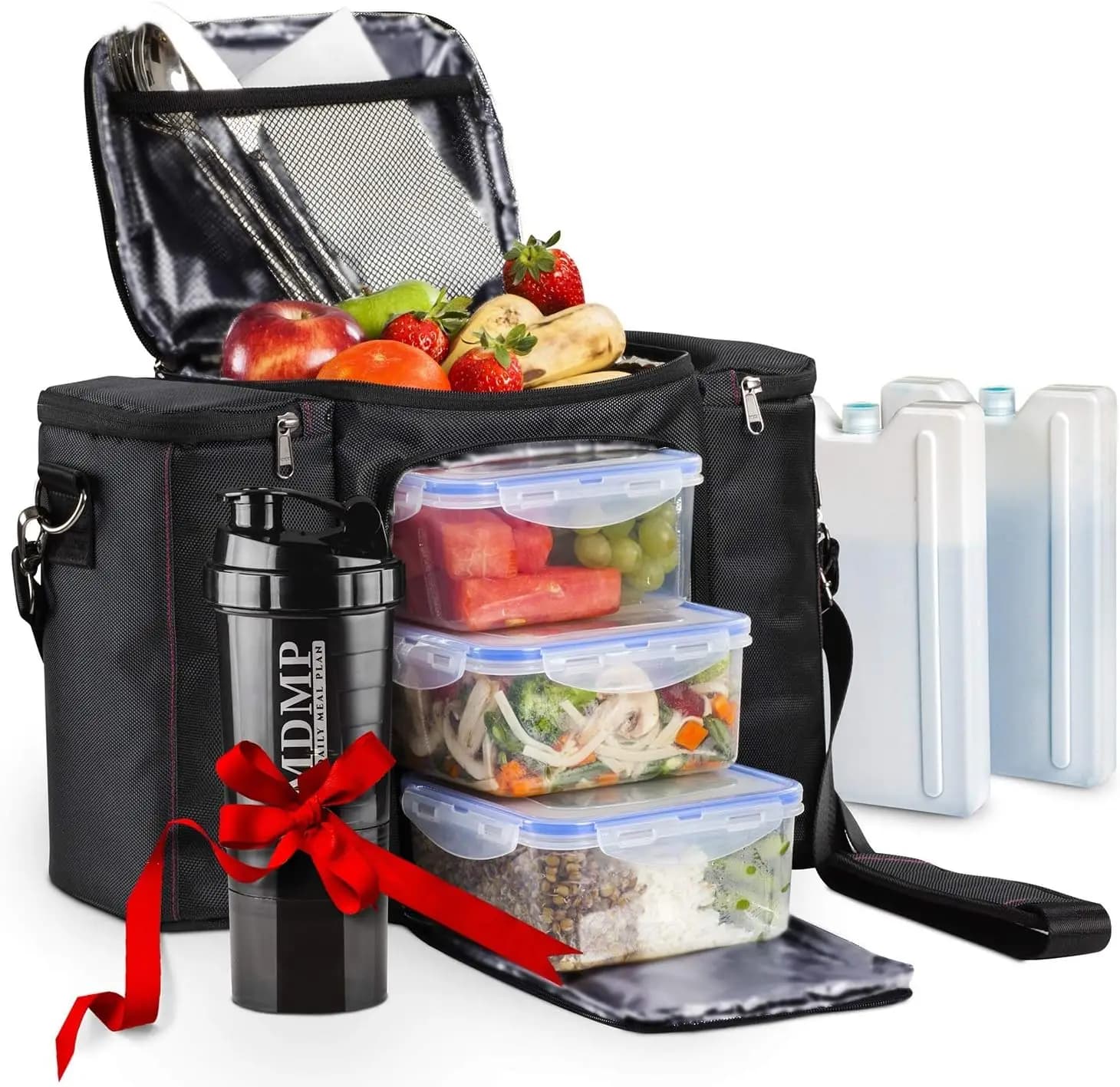 Borsa Termica per il Pranzo con 3 Contenitori, 2 Pacchi Ghiaccio, Shaker e Tracolla - Borsa Frigo Isolante per Uomini e Donne (Nera)