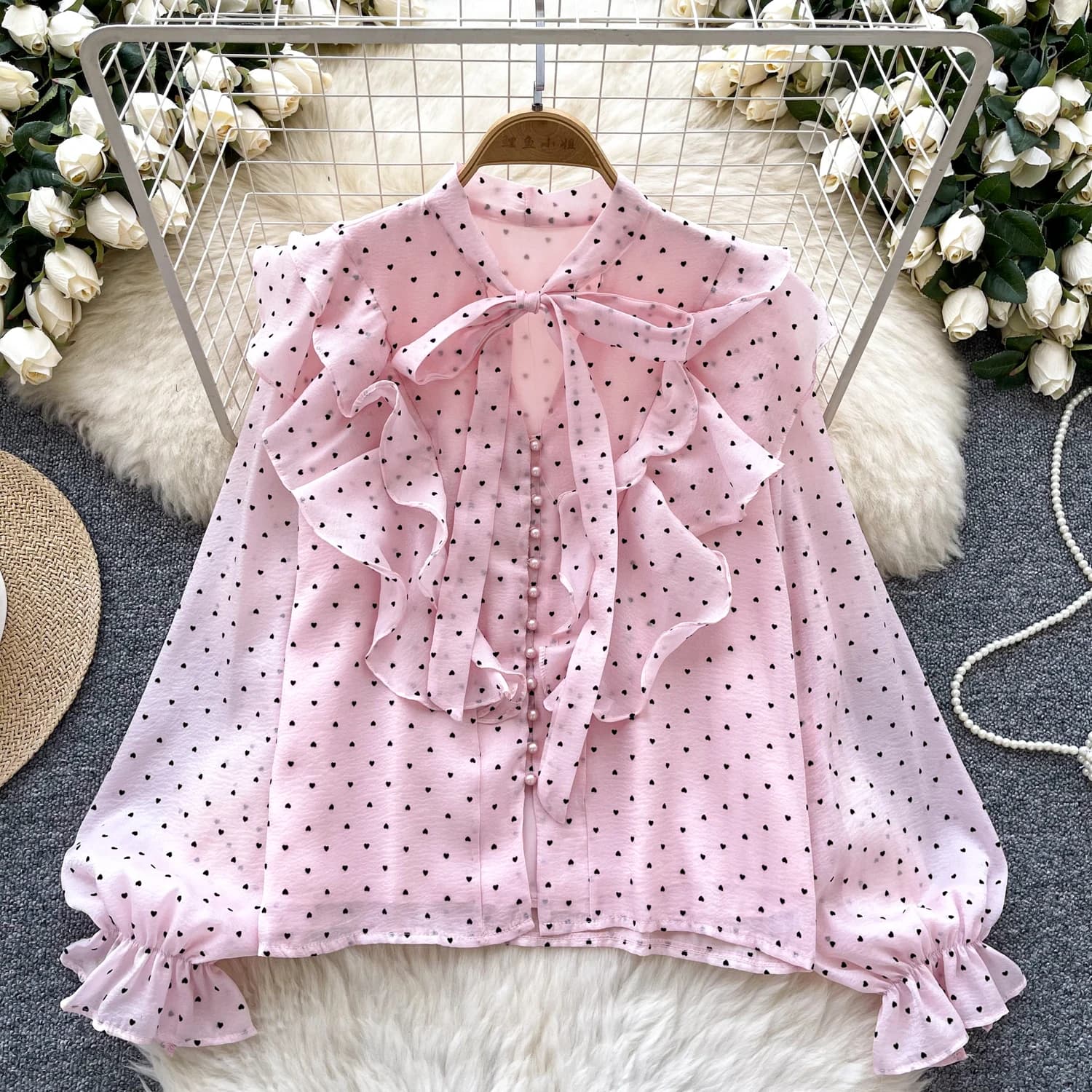 Vintage Butterfly Bandage Ruffle Basics manica lunga elegante Dot Print allentato monopetto Top camicetta autunnale francese High Street