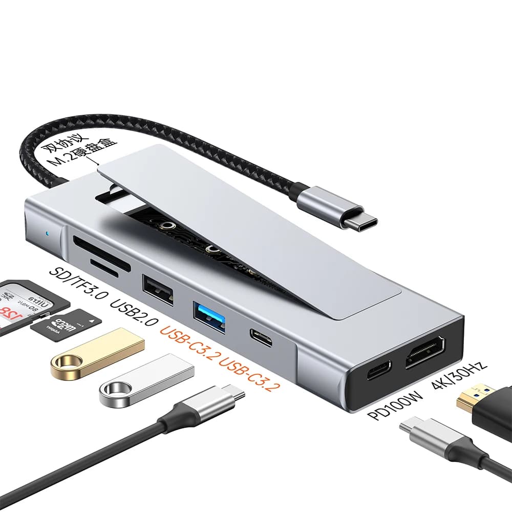 8-in-1 Type-C Multiport Hub with M.2 SSD Enclosure, USB 3.2 Docking Station, 4K@60Hz Video Output Multi-Function Adapter