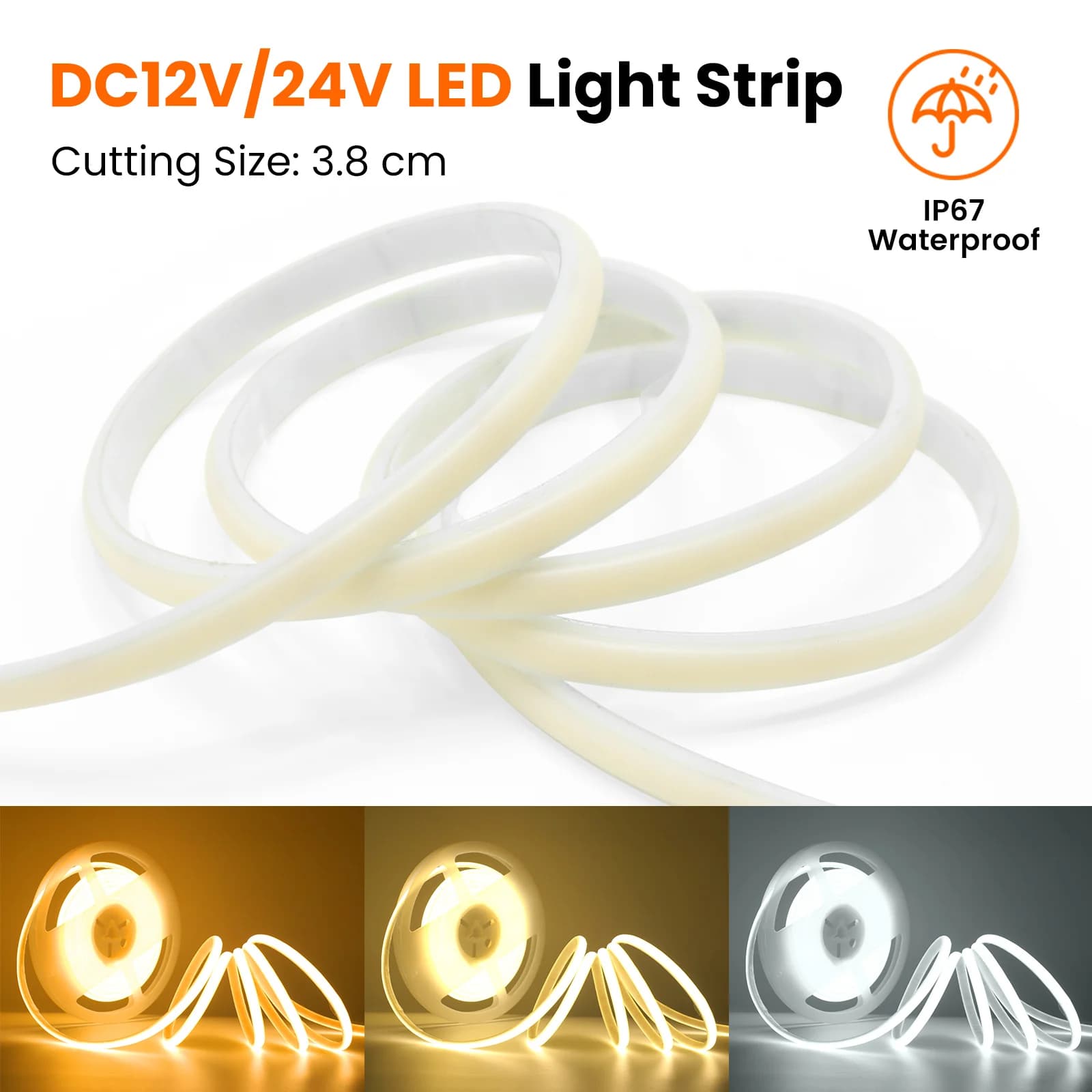 Striscia LED COB 12V 24V Impermeabile 320LED/m 0.5m 5m 10m 15m 20m Nastro adesivo flessibile bianco caldo naturale Illuminazione per interni ed esterni