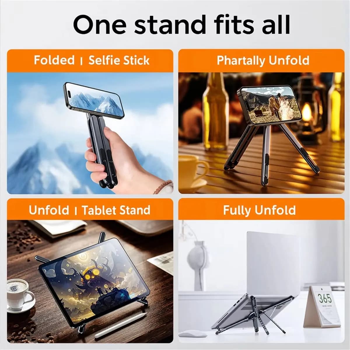 Supporto Magnetico Multifunzionale REST per Telefono, Asta Selfie Pieghevole, Treppiede Portatile, Supporto da Tavolo per Telefono, Tablet e Laptop