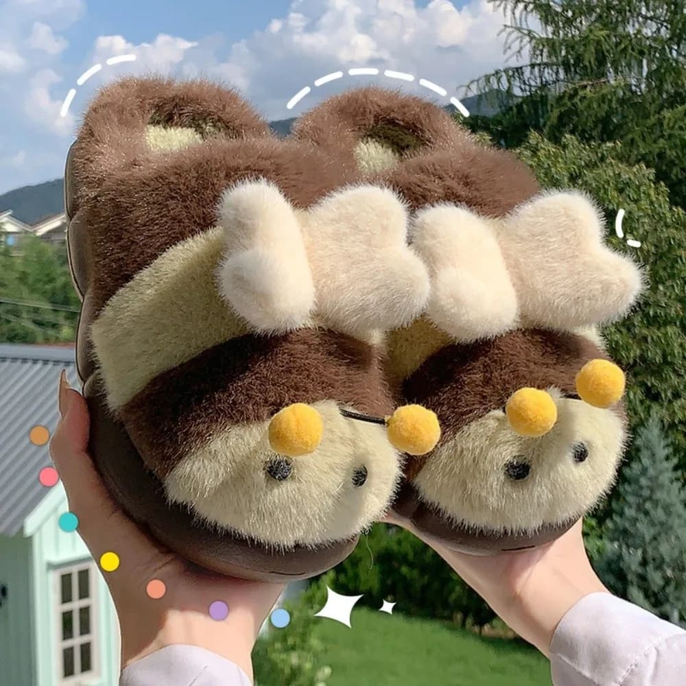 Carino 3D Piccola Ape Del Fumetto Ape Pantofole di Peluche Soffici Con Suola Spessa Pantofole di Pelliccia Calda Studente Antiscivolo Y2K Ape Pantofole da Donna