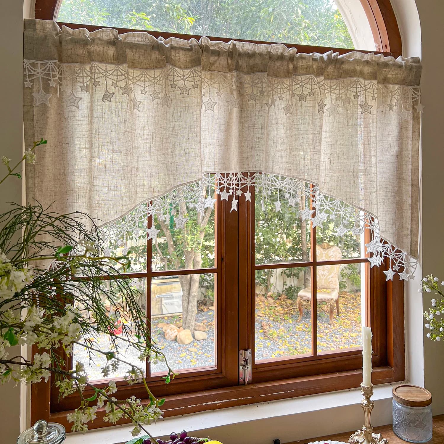 Tenda ad arco in finto lino country francese con tenda da fattoria con finiture a stella per cucina, porta, pannello per finestra rustica per decorazioni per la casa