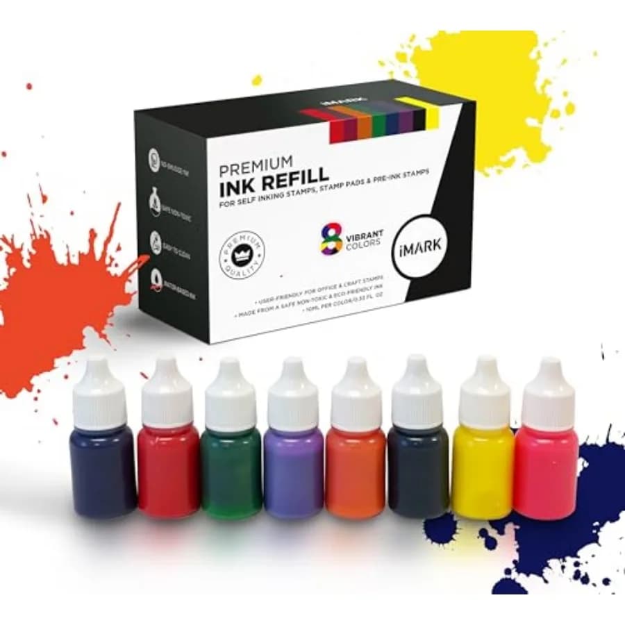 Premium 8 Vibrant Colors Water-Based Ink Refill for Stamps and Ink Pads 0.33 oz/10ml per Color