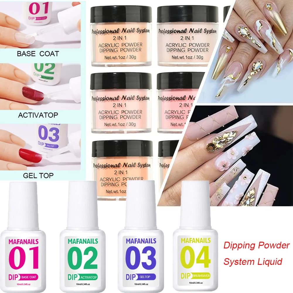 Set di liquidi per immersione in polvere "4-Step" Base in polvere per immersione acrilica Top Coat Attivatore Pennello Saver per manicure Dip Powder Nessuna lampada necessaria