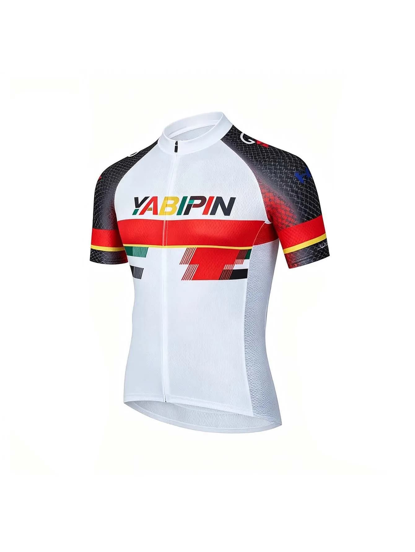 Letter Men‘s Cycling Jersey Short Sleeve, Stand Collar Full Zip Breathable Quick Dry Lightweight Shirt