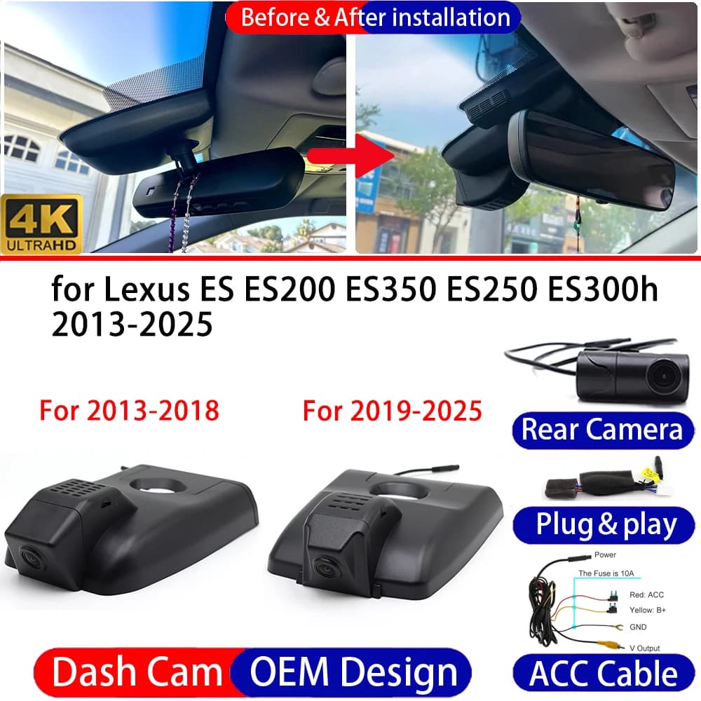 Dash Cam for Lexus ES ES200 ES350 ES250 ES300h 2013-2025 Front＆Rear 4K UHD DVR Dashboard Camera Video Recorder Parking Mode