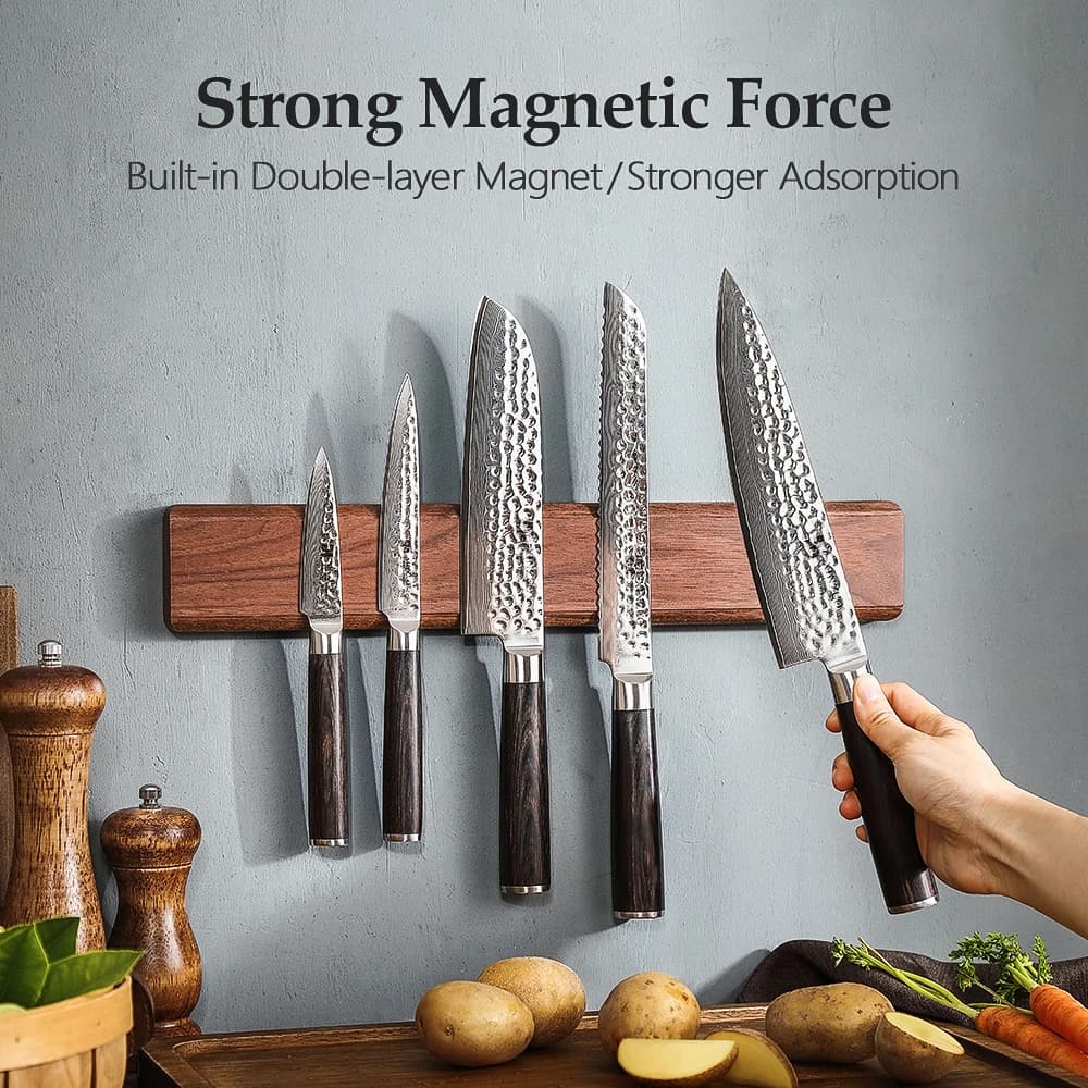 XINZUO Magnetic knife holder in solid walnut wood from 40 cm, double row, strong magnetic force, without nails/punching, kitchen accessories