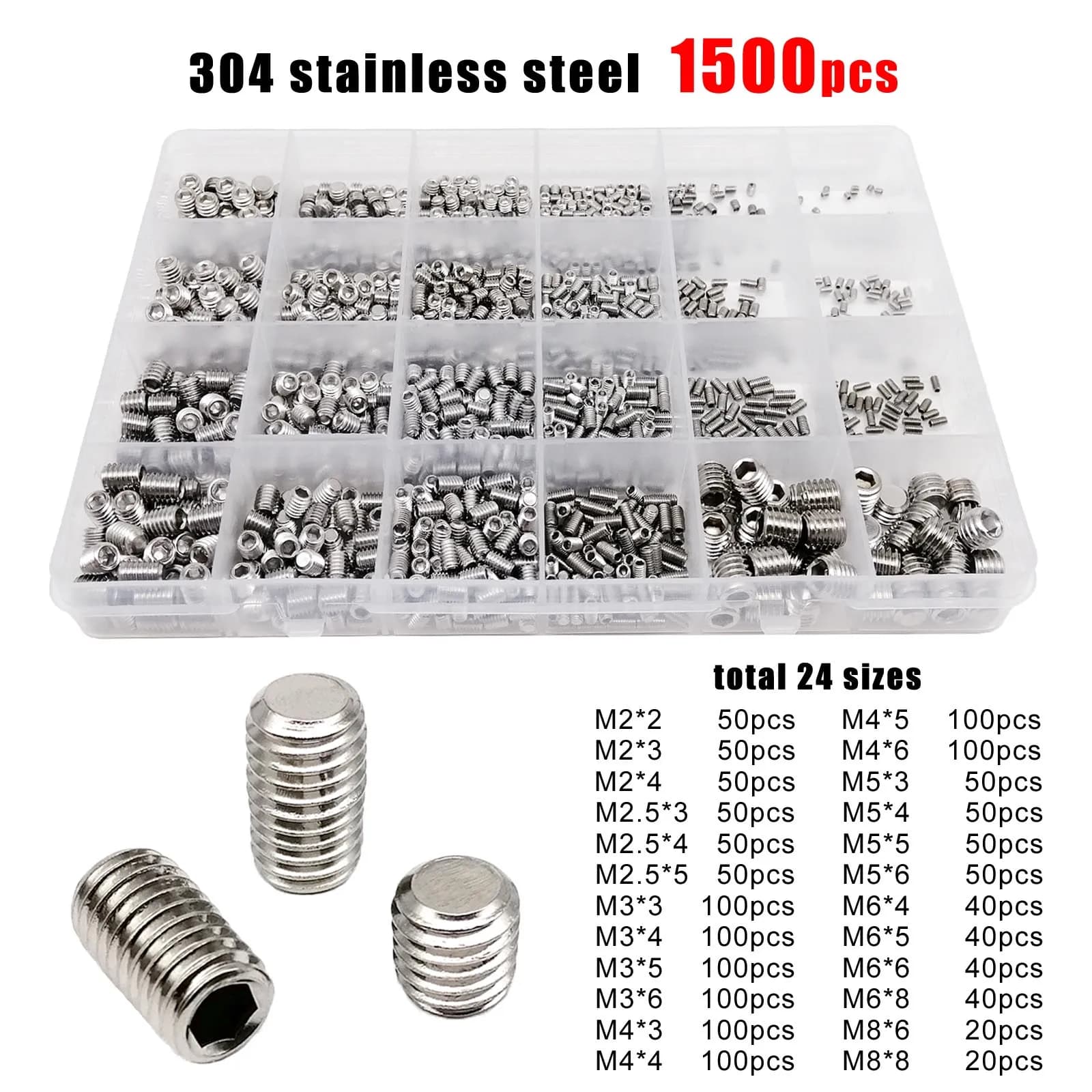 500/1500 M2 M2.5 M3 M4 M5 M6 M6 M8 DIN913 304 Stainless Steel Hexagonal Hexagon Flat Toe Grub Bolt Set Screw Kit Box
