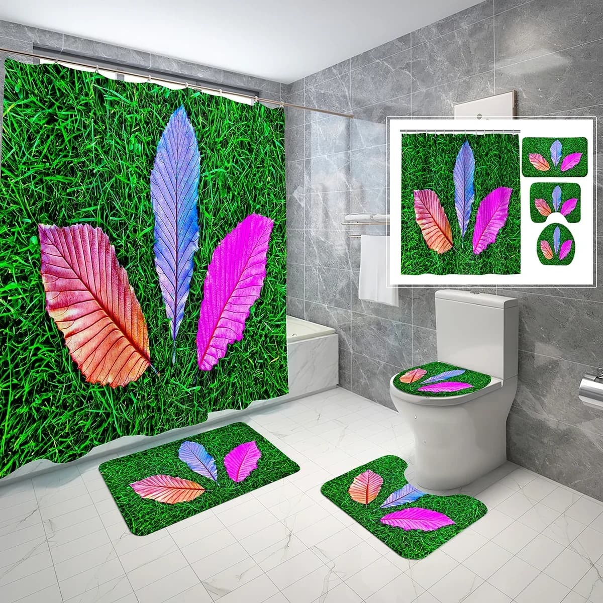 Set tenda da doccia botanica prato foglie colorate 4 pezzi bagno tappetino da bagno antiscivolo copriwater set tenda da doccia impermeabile