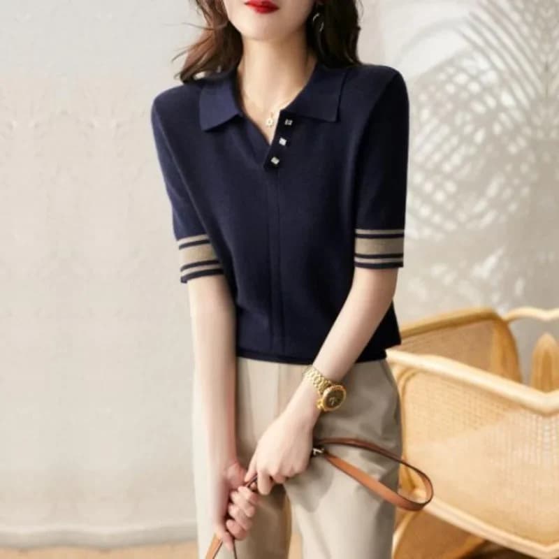 Magliette da donna in maglia a righe con bottoni Polo collo camicia Top manica corta T-Shirt con colletto sintetico nuovo poliestere V Trend