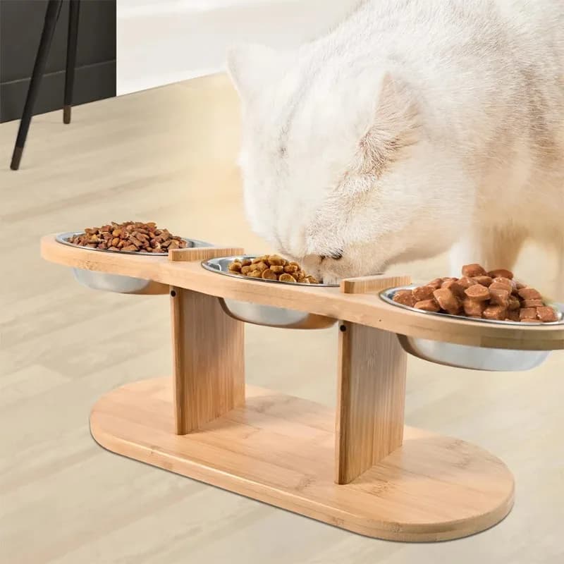 Supporto in legno per ciotole per cani e gatti, 3 ciotole, alimentatore regolabile con telaio in legno, dispositivo per l'alimentazione con protezione del collo del gatto, piatto per animali domestici