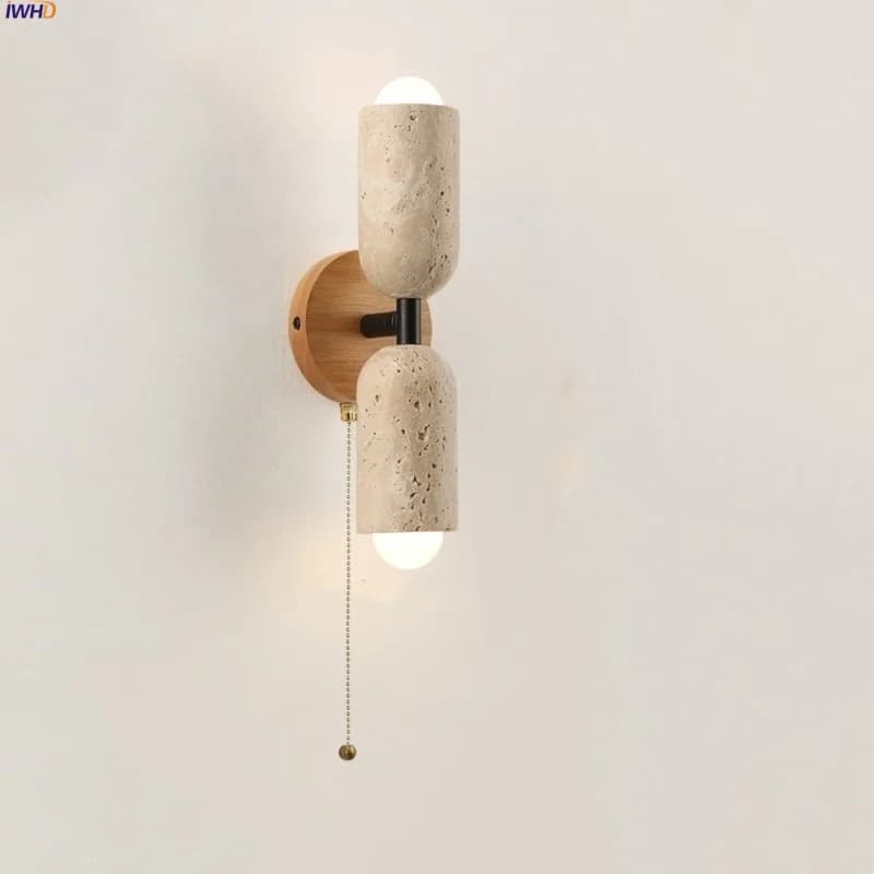 IWHD LED Wall Lamp with Chain Switch, for Reading, Corridor, Bar, Modern Nordic Style, 2 Lights, in Yellow Travertine and Wood, with lampshade, Bedside lamp