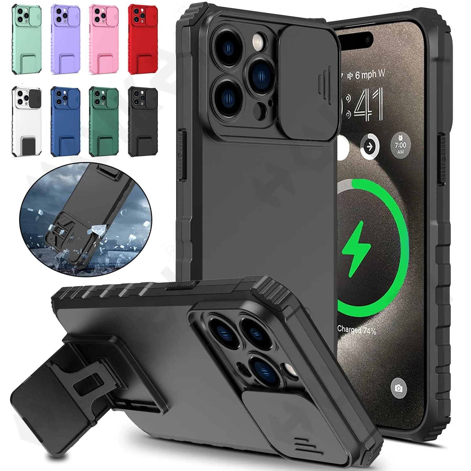 Custodia antiurto per iPhone 17 16 15 14 13 12 11 Pro XS Max XR Plus Pull Slide Protezione fotocamera Custodia magnetica Live Stand per telefono