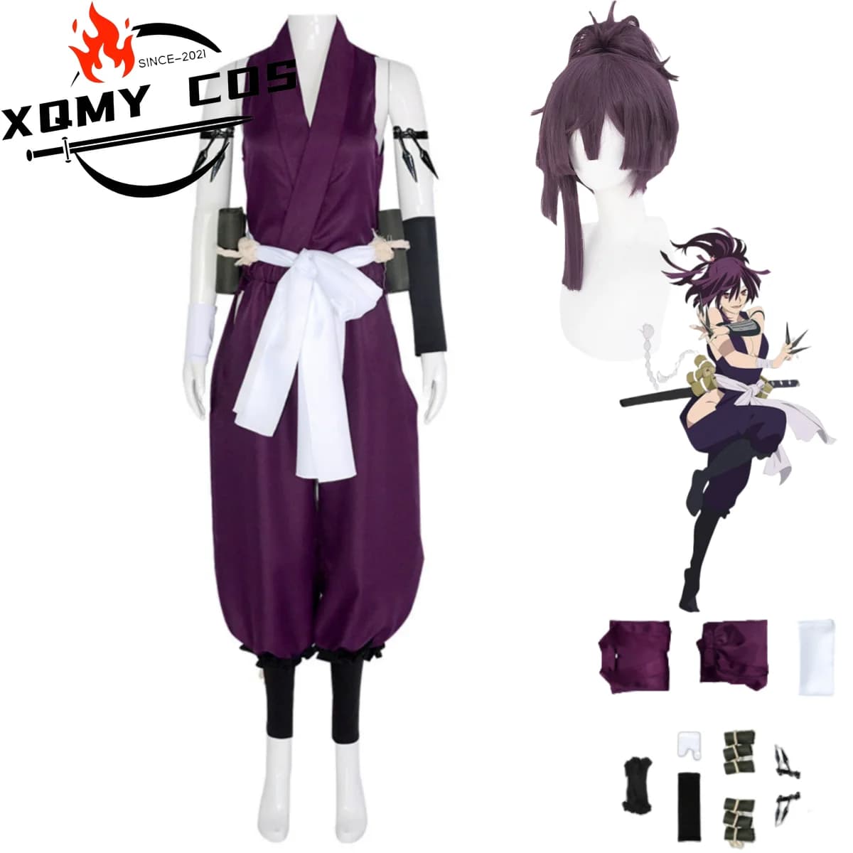 XqAnime Hell's Paradise Yuzuriha Costume Cosplay Top viola intenso Uniforme da combattimento Set completo Parrucca Donna Vestito da festa di carnevale sexy